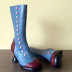 Women's Vintage Teal and Lime Button-Up Knee-High Boots with Sculpted Heels - Retro Cosplay and Statement Fashion Footwear 2024 - $54.99 Leather Round Toe Boots For Cosplay, Fitted Leather Boots For Cosplay, Leather Cosplay Boots, Retro Cosplay, Cheap Ankle Boots, Button Boots, Boots Plus Size, Statement Fashion, Boots Winter