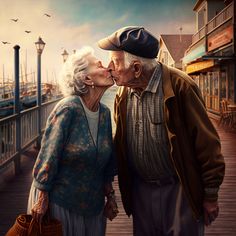 an elderly couple kissing on a pier