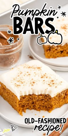 pumpkin bars with white frosting and cinnamon sprinkles are on two plates