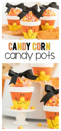 candy corn cups with black bows on them