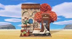 an animated image of a small house with a vespa parked next to it