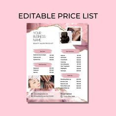 the editable price list for nail salons is shown in pink and white colors