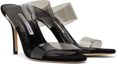 Suede slip-on heeled sandals in black. · Open round toe · Transparent PVC straps at vamp · Grained leather footbed · Goatskin lining · Covered stiletto heel with rubber injection · Suede outsole in beige · Heel: H3.5 in Supplier color: Black Elegant Slip-on Sandals With Sculpted Heel, Elegant Slip-on Patent Leather Sandals, Evening Slip-on Sandals With Sculpted Heel, Evening Slip-on Sandals With Leather Sole, Elegant Slip-on Sandals With Wrapped Heel, Elegant Patent Leather Slip-on Sandals, Formal Slip-on Mules With Heel Loop, Elegant Leather Sole Slip-on Sandals, Classic Leather Sandals For Cocktail