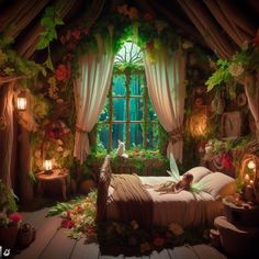 a fairy tale bedroom with flowers and greenery on the walls, windows, and bed