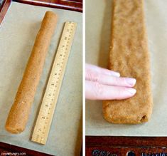 a person holding a ruler next to a long piece of bread