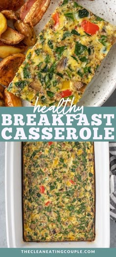 the healthy breakfast casserole is ready to be eaten and served with potato wedges