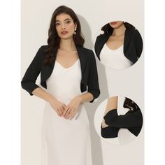 This elegant and formal shrug is the perfect addition to your fall wardrobe. It is versatile and can be worn on many occasions, such as at the office, work, business meetings, or even a cocktail party. The shrug's classic silhouette features an open neck and elegant three-quarter sleeves, which add to its charm and sophistication. To achieve a casual weekend look, you can match it with everyday skirts or dresses. The shrug complements elegant cami dresses and pairs well with sandals, making it a Elegant Fitted Shrug With Open Front, Elegant Fitted Solid Shrug, Elegant Fitted Cropped Shrug, Elegant Shrug With 3/4 Sleeves For Spring, Chic Fitted 3/4 Sleeve Shrug, Everyday Skirts, Open Neck, Evening Wedding, Three Quarter Sleeves