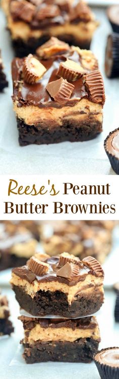 reese's peanut butter brownies are stacked on top of each other and topped with chocolate