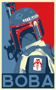 the boba fett poster is shown in red, white and blue colors with an image of boba fett on it