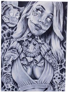 a drawing of a woman with tattoos on her chest holding a skull in her hands