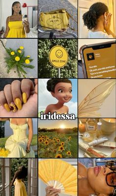 a collage of photos with yellow nail polish and sunflowers