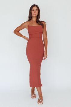 Frieda Cowl Neck Side Split Ribbed Midi Dress Rust by Selfie Leslie Selfie Leslie, Yellow Bridesmaids, Red Bridesmaids, Hugging Silhouette, Ribbed Midi Dress, Tan Heels, Rust Dress, Blue Bridesmaids, Date Night Dresses