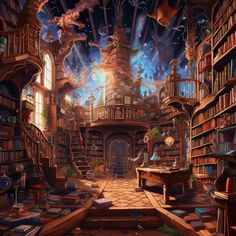 an artistic painting of a library with bookshelves and stairs leading up to the ceiling