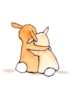 a drawing of two dogs hugging each other on a white background, one is brown and the other is orange