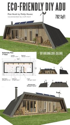 the plans for a small cabin are shown in three different sections, including one with windows and