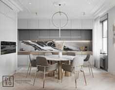 an elegant dining room with marble table and chairs in white, gold and grey tones