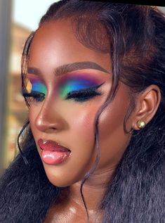 Colorful Makeup Brown Skin, Rainbow Makeup Looks Black Women, Bright Makeup Looks Black Women, Fuschia Eyeshadow Looks, Eyeshadow Inspiration Colorful, 2024 Make Up Trends, Bright Color Makeup Looks, Color Makeup Looks, Bright Colorful Eye Makeup