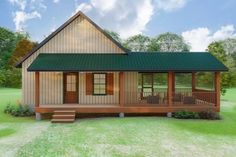 a small house with a porch and green roofing on the grass in front of some trees