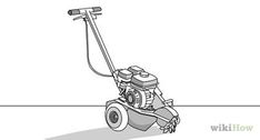 a line drawing of a lawn mower with the wheels facing forward on a white background