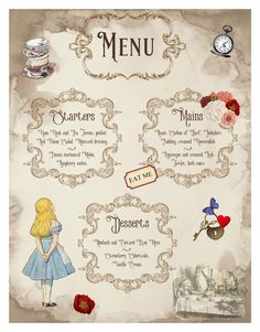 a menu with an image of alice in wonderland