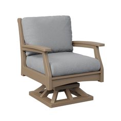 a wooden chair with grey cushions on it