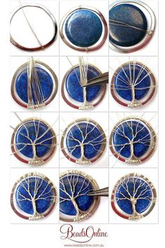 the instructions for how to make wire wrapped tree pendants with blue glass cabochons