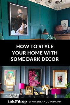 a living room with dark green walls and pictures on the wall, above a black table