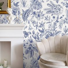 Blue Vintage Floral Wallpaper Peel and Stick and Traditional Wallpaper - C359 Beachy Wallpaper, Vintage Floral Wallpaper, Laundry Room/mud Room, Fern Pattern, Thick Wallpaper, Art Deco Abstract, Vintage Floral Wallpapers, Navy Wallpaper, Marble Wallpaper