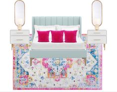 a bed with pink pillows and two mirrors on the wall next to it is an area rug