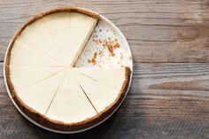 a piece of cheesecake on a plate with one slice missing from the rest of the pie