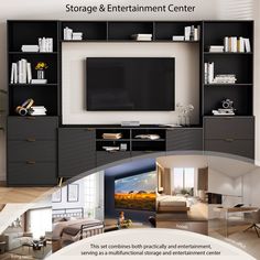 an advertisement for a living room and entertainment center with pictures of the furniture in it