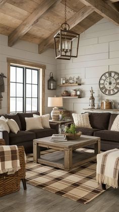 a living room filled with furniture and a large clock mounted to the side of the wall