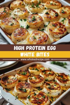 two pictures showing different types of food in pans with the words high protein egg white bites