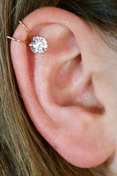 Ear Cuff 6mm CZ Helix Ear Cuff Ear Wrap Silver Ear | Etsy Wedding Cartilage Earrings Internally Threaded, Upper Ear Piercing Ideas, Ear Piercing Helix, Fake Ear Piercings, Cartilage Ear Cuff, Gold Heart Stud Earrings, Faux Piercing, Ear Piercings Helix, Helix Ear