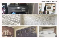 the collage shows several different rooms with brick walls and wood floors, including a bed, dresser, chest of drawers, an industrial style cabinet