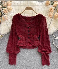 Fabric: LaceColor: White, Wine Red, BlackSize: S, M, L Red Lace Shirt Outfit, Red V-neck Shirt For Fall, Fitted Burgundy Winter Top, Burgundy Long Sleeve Shirt For Fall, Red Party Shirt For Fall, Fitted Red Long Sleeve Tops, Chic Long Sleeve Burgundy Blouse, Casual Red Blouse For Winter, Chic Burgundy Long Sleeve Blouse