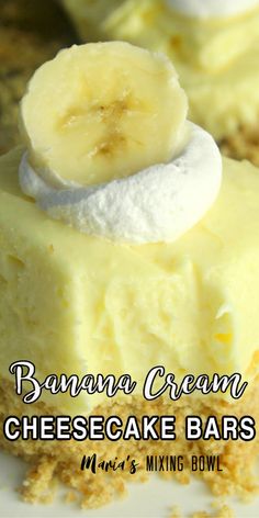 banana cream cheesecake bars are topped with whipped cream