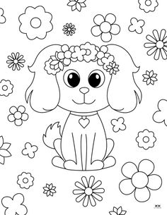 a dog with flowers in its hair sitting on the ground coloring pages for kids and adults