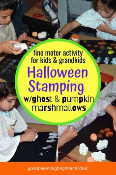 kids are playing with halloween stamps and pumpkin marshmallows