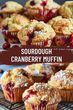 cranberry muffins on a cooling rack with the words sourdough cranberry muffin above them