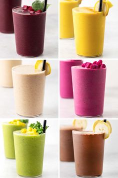 four shots of different colored smoothies with lemons and raspberries in them