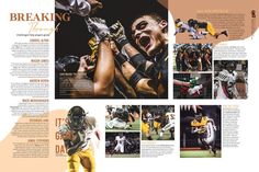 an image of a sports brochure with images of football players and the words breaking through it