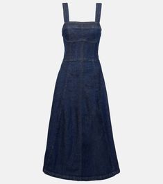 Chic Denim Blue Cotton Midi Dress, Indigo Cotton Denim Midi Dress, Indigo Denim Midi Dress, Blue Cotton Denim Midi Dress, Indigo Cotton Midi Length Denim Dress, Indigo Midi-length Cotton Denim Dress, Medium Wash Cotton Mid-length Dress, Indigo Midi Length Cotton Denim Dress, Fitted Cotton Midi Dress In Denim Blue