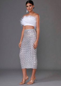 Glamorous Skirt With Feather Trim For Night Out, Glamorous Party Skirt With Feather Trim, Party Fitted Skirt With Feather Trim, Fitted Skirt With Feather Trim For Night Out, Feather Crop Top, Crop Tube Top, Sequin Pencil Skirt, Social Event, Cropped Tube Top