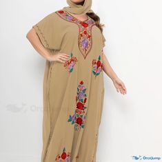 Orcajump - Plus Size Boho Kaftan Dress, Women's Plus Floral Embroidered Batwing Sleeve V Neck Split Maxi Kaftan Dress Multicolor Summer Dress With Dabka Work, Summer Multicolor Dress With Dabka Work, Brown Free Size Traditional Dress, Traditional Brown Embroidered Dress, Beige Embroidered Dress For Eid, Embroidered Beige Dress For Eid, Ginger Dress, Maxi Kaftan, Kaftan Dress