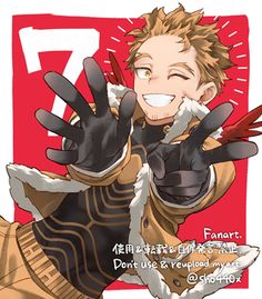 an anime character with his hand up in the air, smiling and wearing black gloves