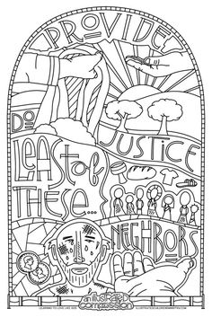 a black and white drawing of an arch with the word jesus on it, surrounded by other symbols