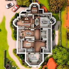 an aerial view of a house with lots of rooms