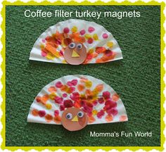 coffee filter turkey magnets made out of paper plates on green carpet with text reading coffee filter turkey magnets momma's fun world