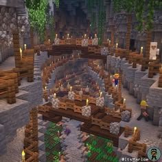 an image of a minecraft village with lots of wood and stone structures in it